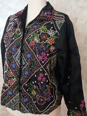 Hand Embroidered Boho Jacket Top Black Artisan Beaded Floral Patchwork Unique